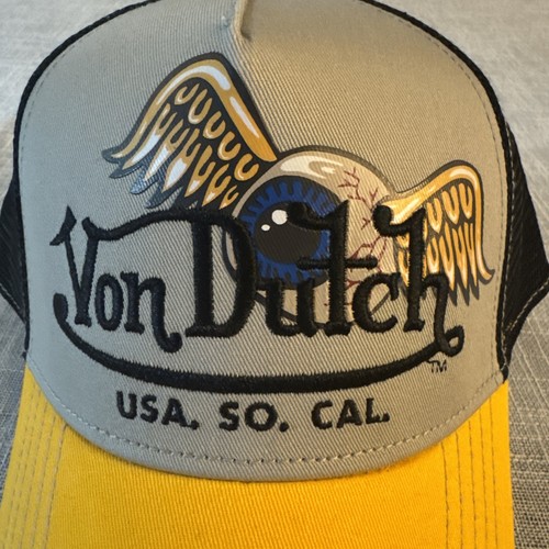 Von Dutch Trucker Hat SnapBack Gray Yellow Black Flying Eye Embroidered NWT - Picture 16 of 16