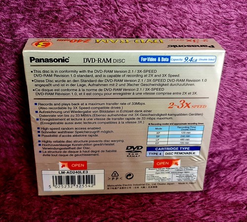 Panasonic DVD-RAM 9.4GB 240min 3x Double Sided Cartridge LM-AD240LE3 *bn sealed* - Picture 2 of 8