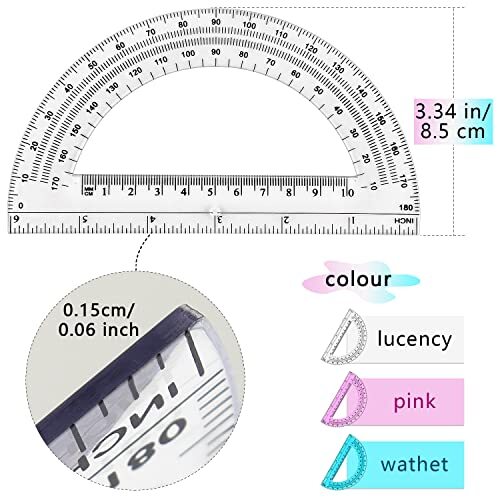 3 Pack Plastic Protractor 6 Inches Math Protractors 180 3 Pack(clear/Blue/Pink) - Picture 4 of 7