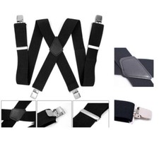 Mens Braces Suspenders Black Extended 50mm Adult Men's 4-clip X-strap