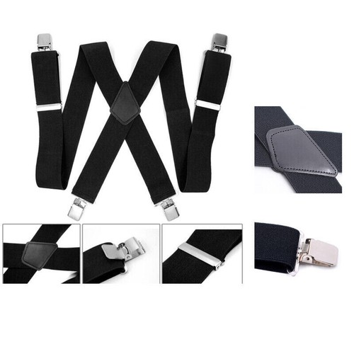 Mens Braces Suspenders Black Extended 50mm Adult Men's 4-clip X-strap - Picture 1 of 6