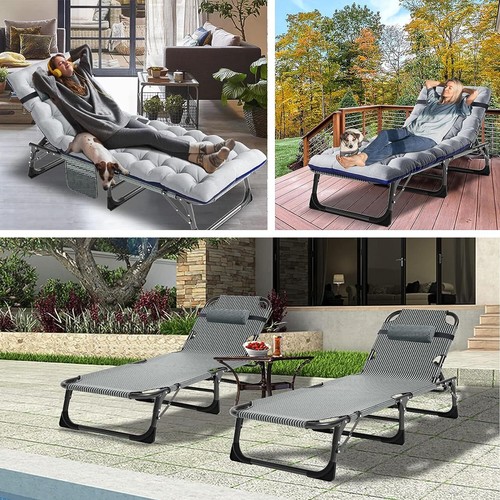 ABORON Folding Cot Guest Single Bed Camping Cot Patio Lounge Recliner w/Mattress - Picture 15 of 29