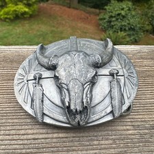 Vintage 1986 Siskiyou Belt Buckle Co. Buffalo Skull w/ Feathers Oregon USA
