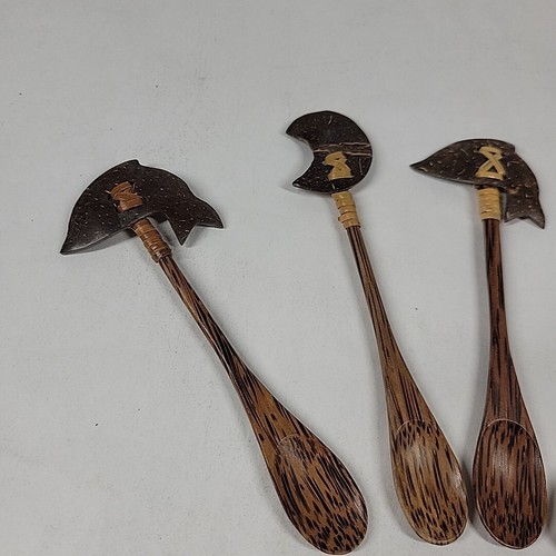 Tiki Carved Wood Coconut Serving Spoons Set of 5 Relish Condiment Island Kitchen - Picture 2 of 7