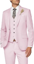 Wangyue Mens Suit Slim Fit Pink 3 Piece L 42R 36W Notch Lapel 1 Button