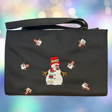 Vtg Purse Handbag Snowman Embroidered Black Red Fabric Christmas Winter 7  D PICS