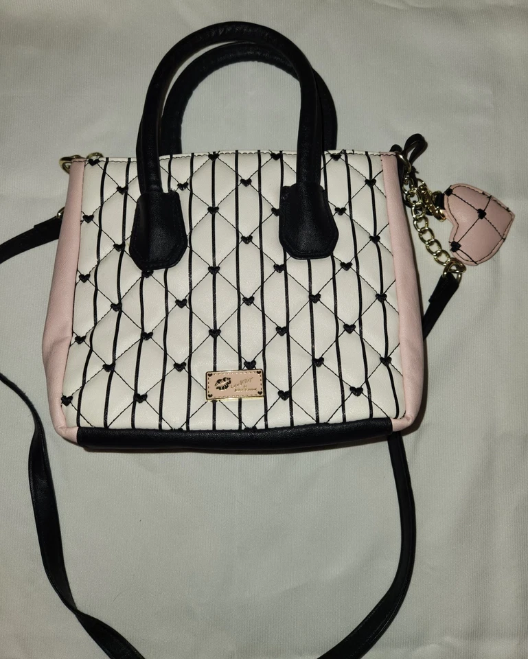 Betsy Johnson White And Pink Handbag Purse With Black Hearts - Shoulder Strap  - Image 2 of 4