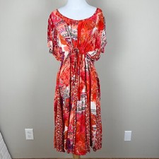 Bila Midi Dress Womens XL Orange Red Floral Boho Tie Waist Short Sleeve A-Line
