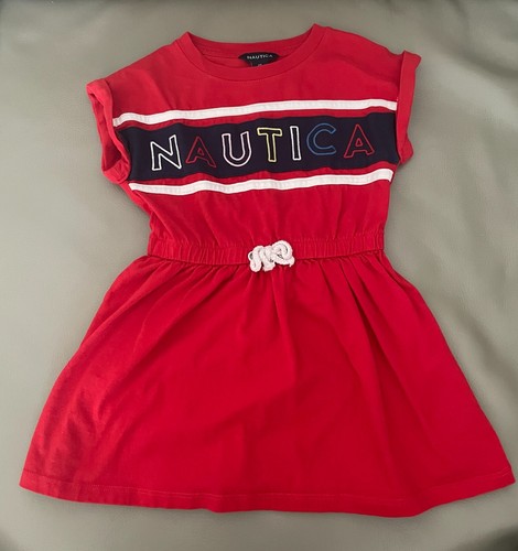 Nautica Girls Short Sleeve jersey tee Dress whith elastic cinched waist, Red s4t - Afbeelding 1 van 14