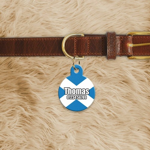 Personalised Scotland Flag Scot ID Tags Custom Metal Dog Name Tag Circle Sh... - Picture 1 of 2