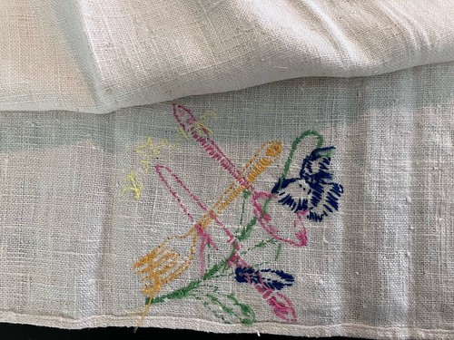 30s Raw Silk Hand Embroidered Kitchen Towel Fork Knife Spoon Silver Trousseau - Picture 4 of 5