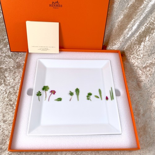 Hermes Paris Porcelain Dish Plate Tray MESCLUN Tableware Green Leaf 19 cm w/Case - Picture 2 of 14