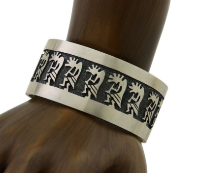 Hopi Kokpelli Overlay Cuff Bracelet Solid 925 Silver Native American Artist C80s