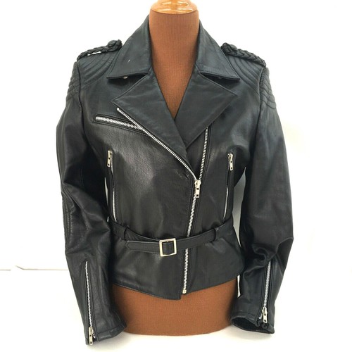 Vintage Bermans Leather Motorcycle Jacket Womens Sz 12 Black Biker Belted USA - Picture 1 of 10