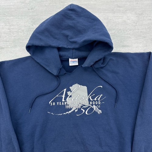 Vintage Alaska Sweatshirt Adult XL Blue Hoodie 50 Years of Statehood Frontier - Picture 2 of 6