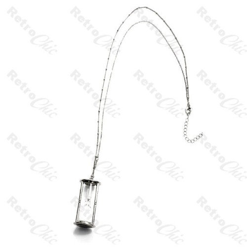 LARGE HOURGLASS pendant VINTAGE SILVER fashion TIMER GLASS VIAL long NECKLACE - Picture 5 of 5