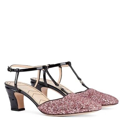 Gucci Pink Glitter Slingback Double G T-Strap Pump Shoes Gucci Pink Glitter Slingback Double G T-Strap Pump Shoes