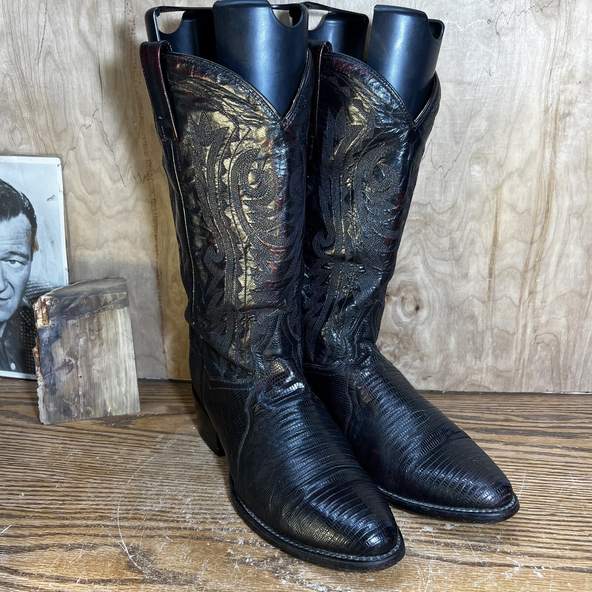 DAN POST Men's Size 8EW Black Cherry Teju Lizard Leather Cowboy