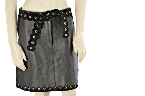 Maje Black Leather Embellished Suede Trimmed Belted Mini Skirt Size 40