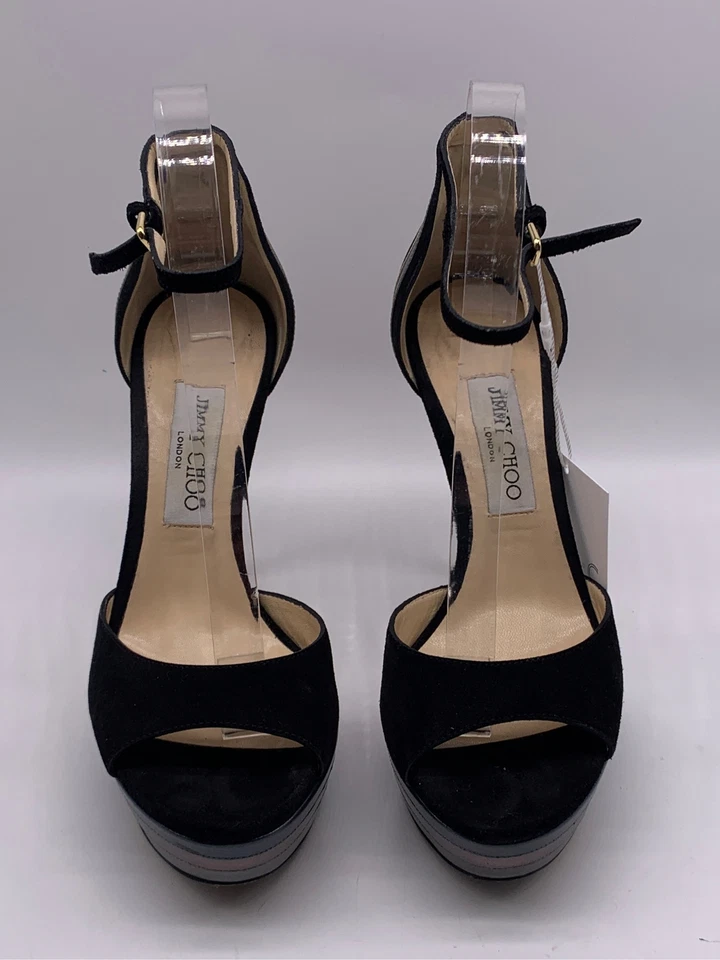 Zapatos de salón Jimmy Choo negros de gamuza metálicos dorados plateados a rayas con tacón y plataforma talla 38,5 Foto 2 de 4