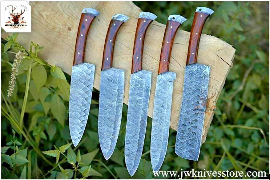 Custom Handmade Damascus Professional kitchen/BBQ knives set 5/Piece