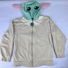 Star Wars Beige Baby Yoda Full Zip Hoodie Sweatshirt Mandalorian Costume Youth M