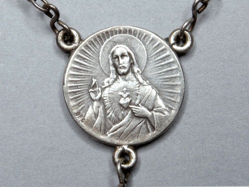 Sacred Heart , Saint Mary. Coral Beads and Silver. Antique Religious Rosary. - Picture 8 of 11