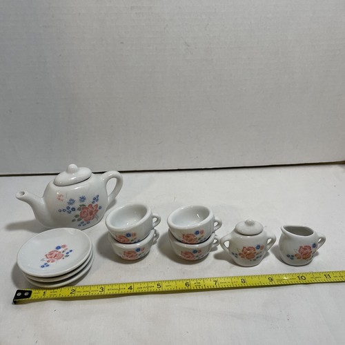 Tea Set Dolls Pacific Playthings 12 Pc RoseFloral Tea Pot Cracked One Plate Chip