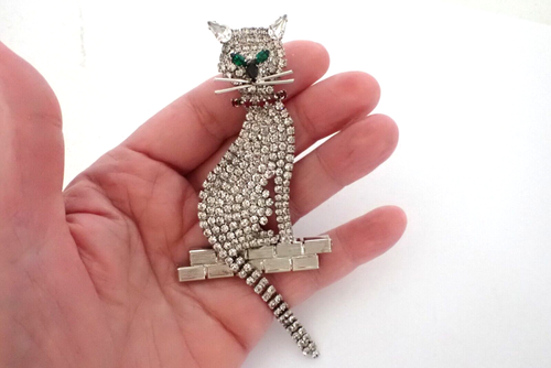 Spilla gatto strass Butler & Wilson vintage grande coda mobile non firmata - Foto 8 di 8