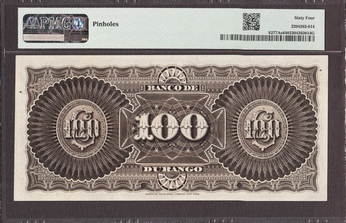 Mexico Banco de Durango 100 Pesos 1888-1907 SPECIMEN P-S277s M337s CH UNC PMG 64 - Picture 2 of 2