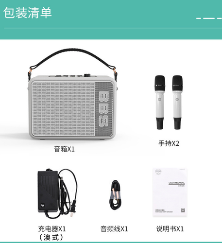 BBS便携式K歌音响移动KTV演出露营弹唱直播音箱带声卡户外室内P6配两支麦克风 浮光绿 - Afbeelding 12 van 12