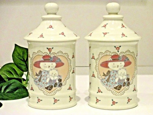 2 WHITE Girl CAT Lover CANISTER JARS Blue Dress Pink Bonnet JAPAN kitchen vanity - Bild 2 von 7