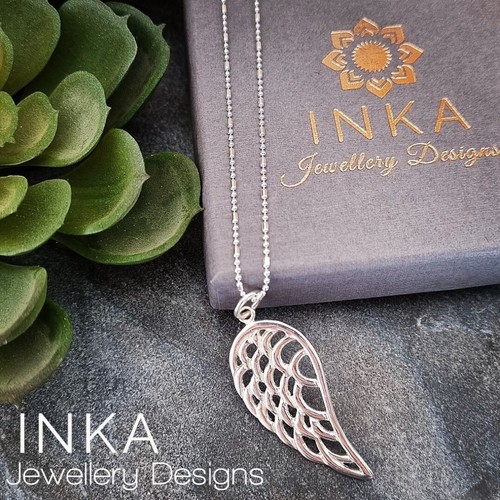 925 Sterling Silver Large ANGEL Wing Pendant Necklace 24" Ball Chain By INKA - Picture 1 of 5