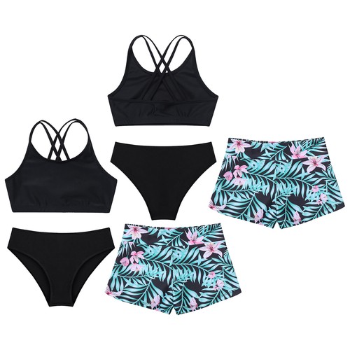 Kids Girls Bathing Suit Crop Top With Shorts Briefs Swimsuits 3Pcs Strappy Back - Picture 5 of 42