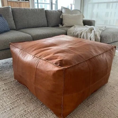 Genuine Pouffe Leather Footstool Handmade Moroccan Ottoman Brown