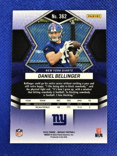 2022 #362 Daniel Bellinger Panini Mosaic Football RC - Imagen 2 de 2