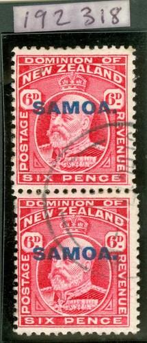 SG 119b Western Samoa 1914-15 6d carmine, OVPT type 15. Vertical pair perf... - Picture 1 of 2