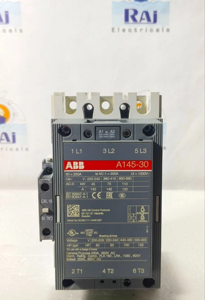 ABB A145-30 POWER CONTACTOR 145AMP 3 POLE COIL 220-240VAC 50/60HZ 690V FREE SHIP - image 2 of 4