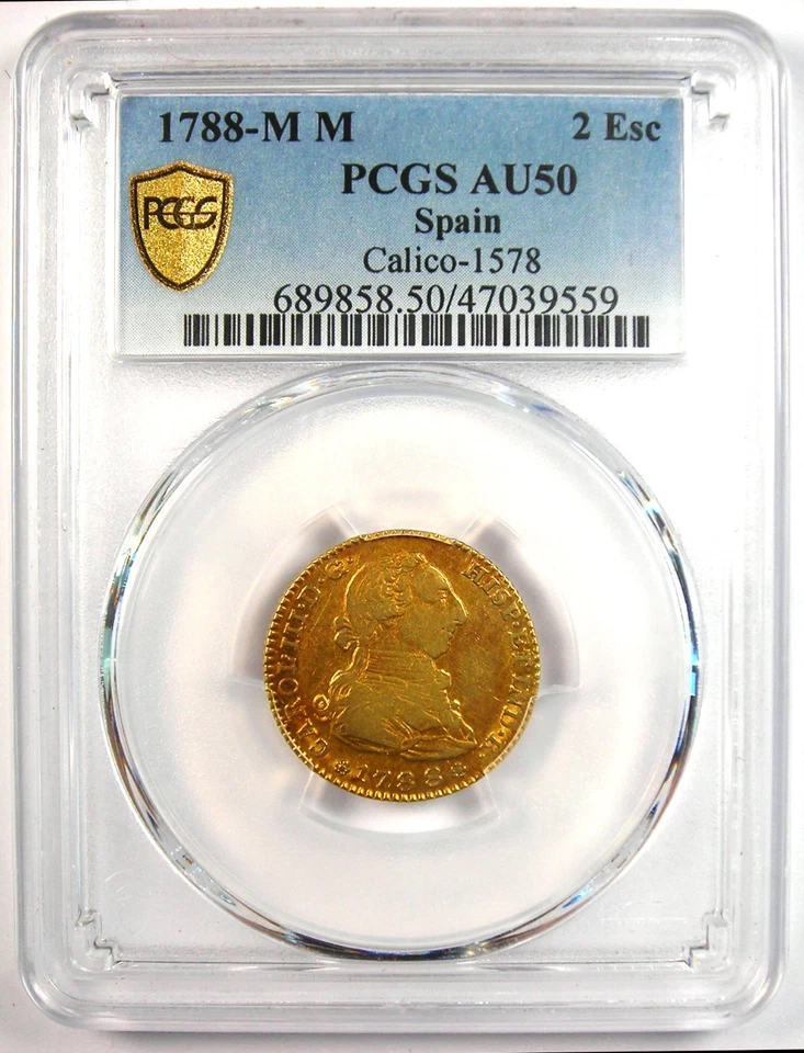 Moeda de ouro 1788 Espanha ouro Charles III 2 escudos 2E - Certificada PCGS AU50 - Rara! - Imagem 2 de 4