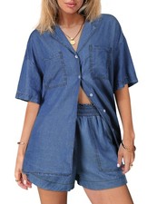 Denim Set for Women 2 Peice Outfits Jean Shirts Top and Shorts for Summer Lig...