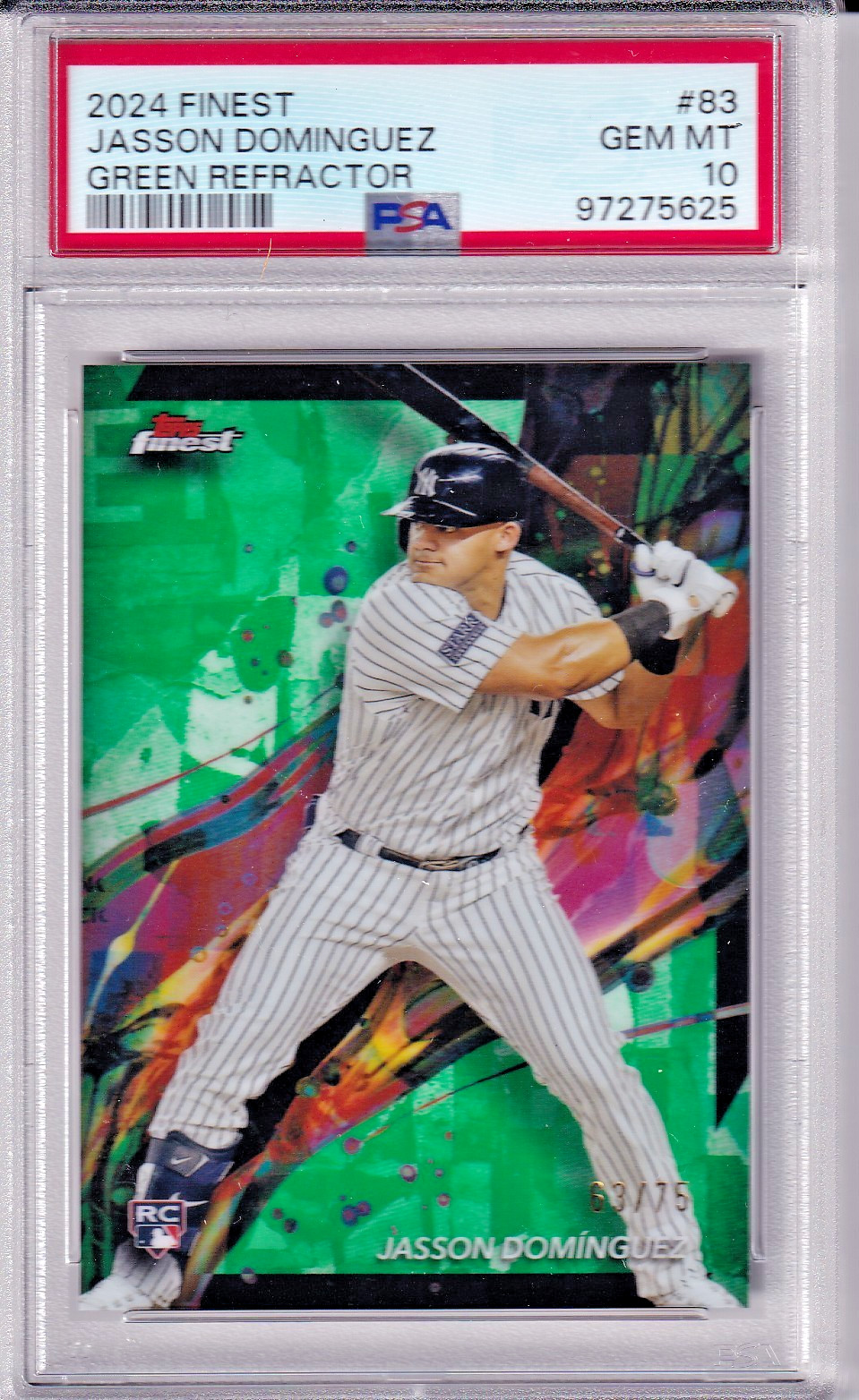 Jasson Dominguez 2024 Topps Finest #83 Green Refractor  /75 (RC) PSA 10  *CLEAN*