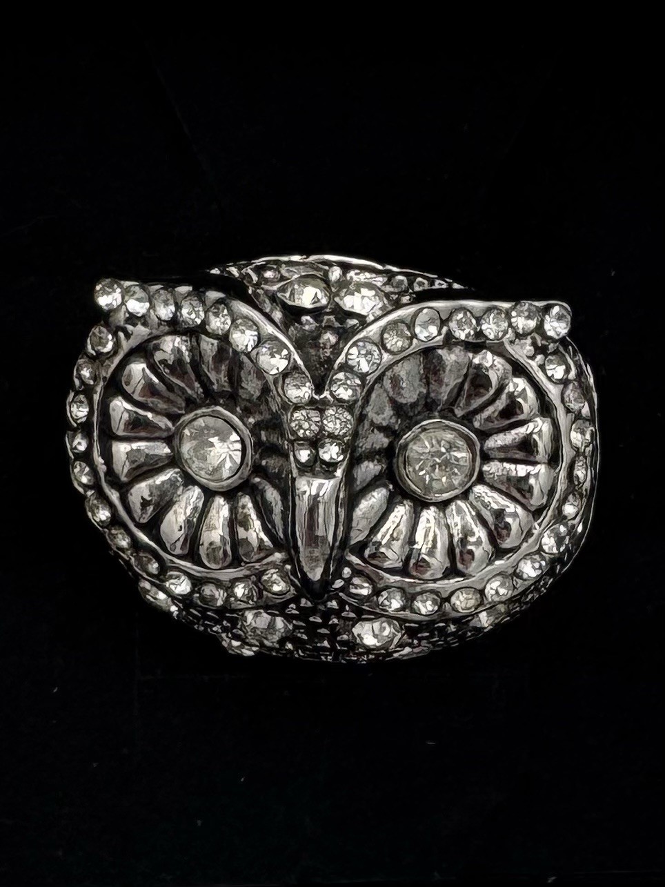 Large Owl Statement Ring Silver Tone Rhinestone C… - image 1