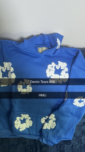 DENIM TEARS Blue & White Graphic Print Pullover Hoodie w/ Pockets Size M