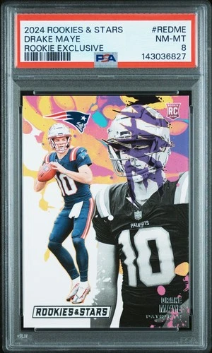 2024 Rookies & Stars Drake Maye Rookie Exclusive Rookie RC #RE-DME PSA 8 NM-MT