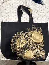 Black And Gold Floral Reusable Canvas Tote Bag