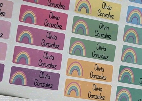30 personalisierte Namensetiketten wasserdicht Aufkleber Kinder Lehrer Teens Regenbogen - Bild 3 von 3