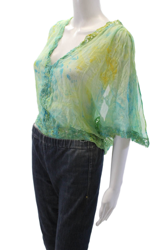 Michelle Jonas Womens Silk Lace Abstract Short Sleeve V Neck Blouse Green Size S - Picture 2 of 4