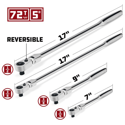 Powerbuilt 4-teiliges 72 Tooth Pro Tech Long Reach Flex Head Ratsche Set mit - Bild 3 von 7