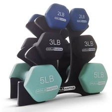 HolaHatha Neoprene Dumbbell Free Hand Weight Set w/ Rack (Open Box)