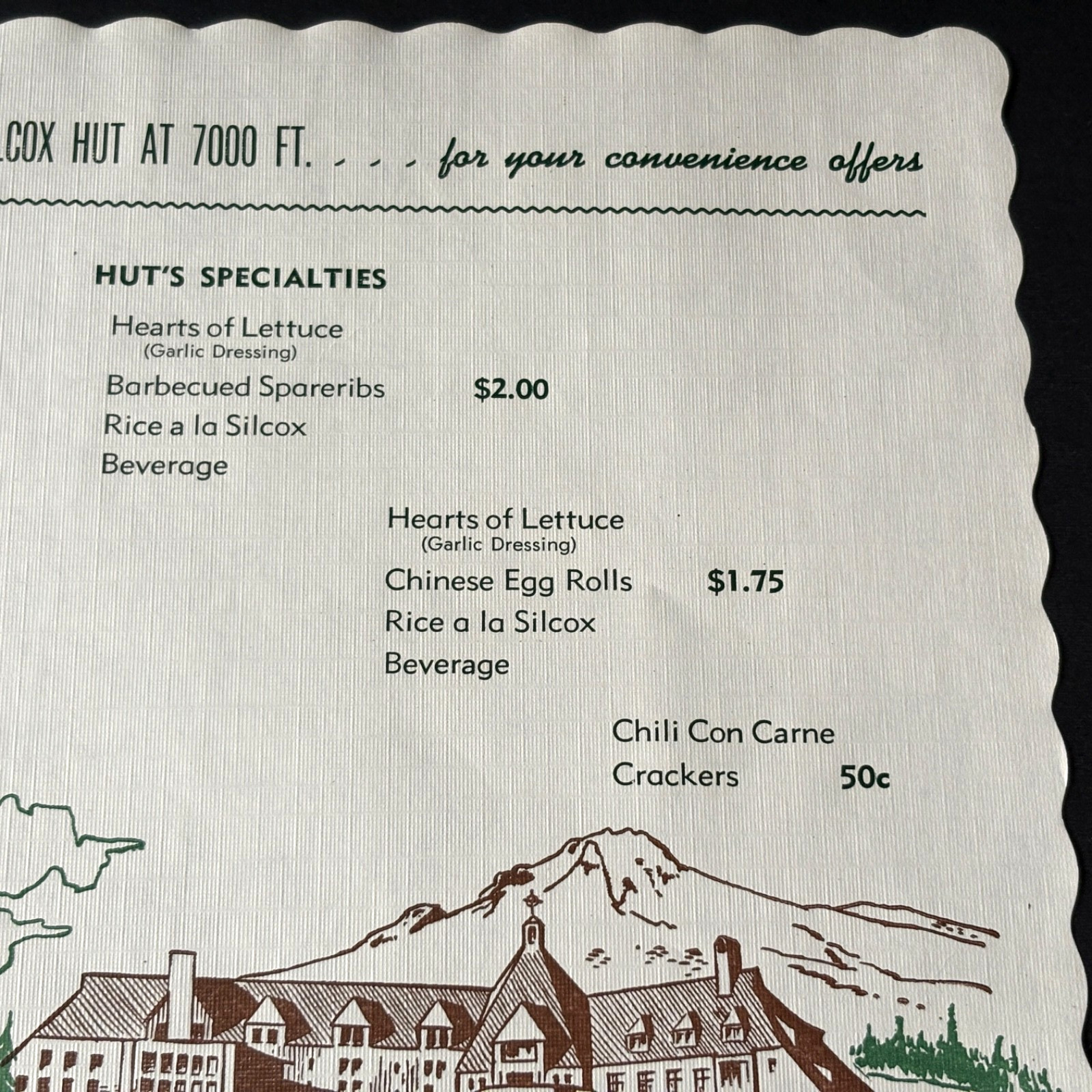 Original 50s TIMBERLINE LODGE, Mt. Hood, Oregon Placemat MENU + Silcox Hut RARE